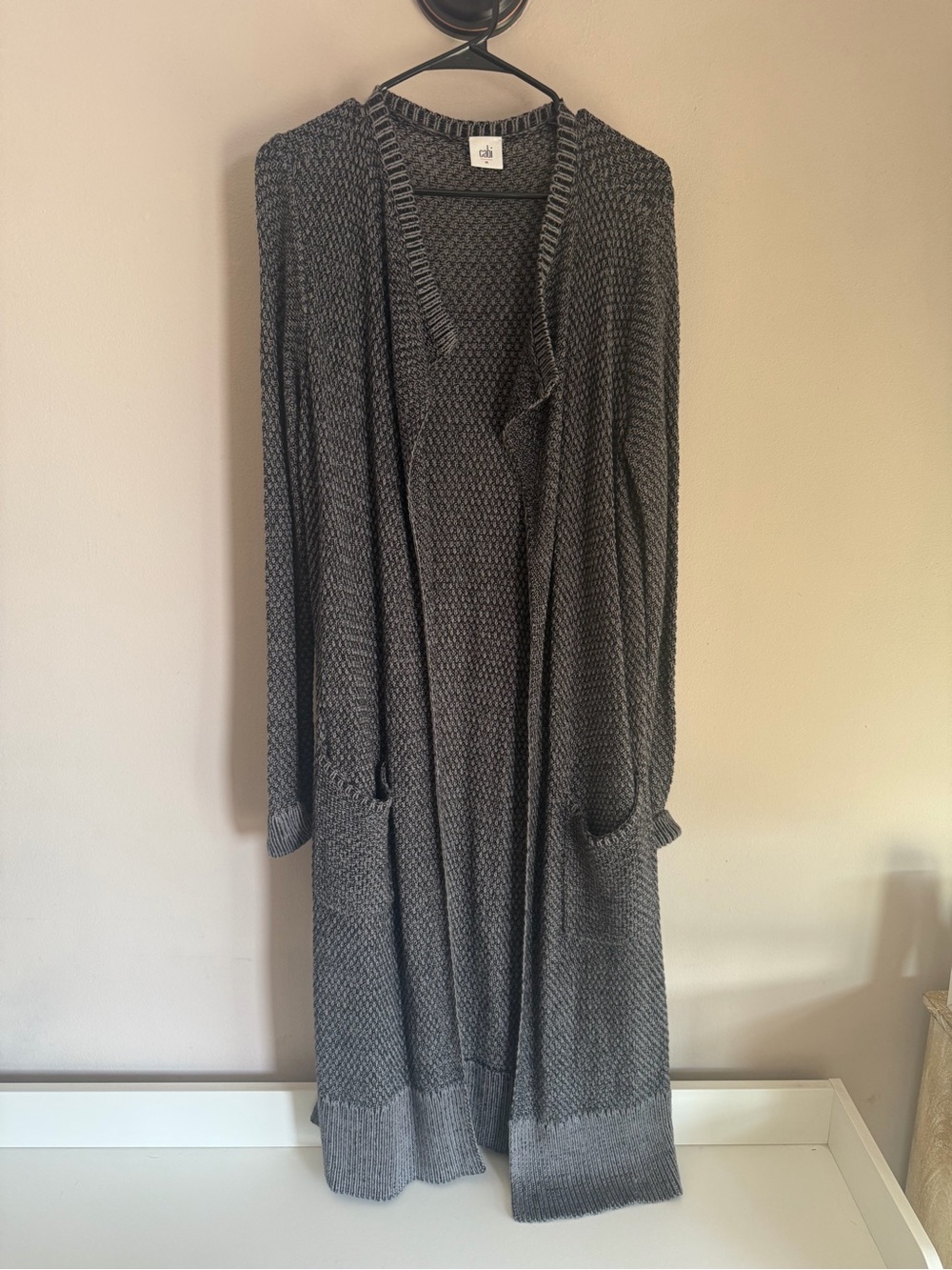 CAbi Lara Duster Cardigan Sweater Charcoal Gray Waffle Knit Pocket medium